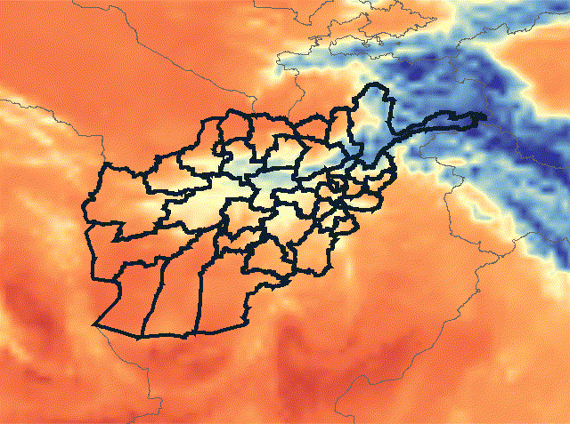 Multi-hazard climate and water intelligence map showing precipitation forecasts over Afghanistan and surrounding regions.